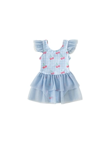 Maillot de bain fille à carreaux bleus avec imprimé cerise et manches en tulle