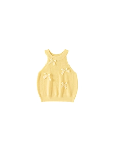 Sweet light yellow knitted halter top for girls featuring four cute 3D decorative bows