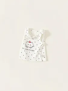 Cute white sleeveless tank top for girls with black polka dots and cat cartoon print