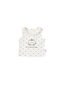 Cute sleeveless girls t-shirt with polka dots and cat print on white fabric