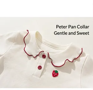 Detail of baby girl knit top with Peter Pan collar and strawberry embroidery accents