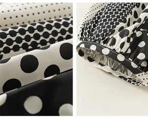 Detail of polka dot print fabric with smocked elastic cuffs and precise stitching details