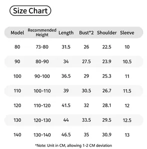 Size chart for girls sweet short sleeve t-shirt with detailed measurement specifications