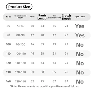 Detailed size chart for children's polka dot pants with measurements from 80 to 140 cm