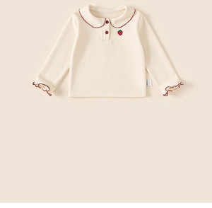 Detail of baby girl sweater with peter pan collar and red strawberry embroidery