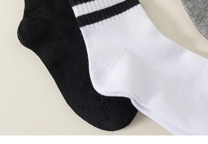 Close-up of knitted cotton blend texture on striped socks in black, white and grey