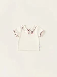 Girls Sweet Cotton T-Shirt Peter Pan Collar Strawberry Embroidery Off-White Short Sleeve Cute Summer Kids Clothing Tops