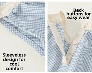 Detail of blue gingham dress showing sleeveless cut and back button closure features