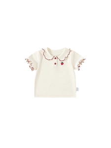 Sweet cream baby girl T-shirt with contrast Peter Pan collar and strawberry embroidery