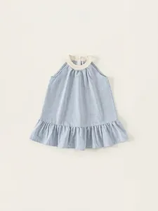 Girls 100 Percent Cotton Sleeveless Gingham Dress Halter Neck Ruffle Hem Summer Pastoral Style Casual Daily Vacation Dress