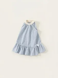 Minimalist summer girls light blue gingham halter dress with ruffle hem and sleeveless design
