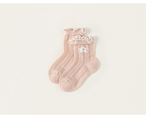 Détail de chaussettes mi-mollet roses avec maille respirante, bordure dentelle et broderie