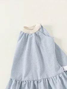 Blue and white gingham sleeveless dress for girls with ruffled hem and minimalist design