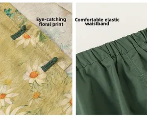 Détail du tissu à fleurs, bouton traditionnel et taille élastique de cet ensemble enfant