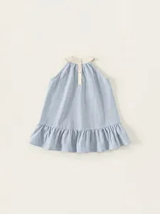 Blue gingham check summer dress for girls with ruffled hem and halter neck design