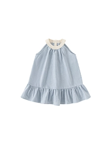 Toddler girls blue gingham sleeveless halter dress with ruffled hem and round neck
