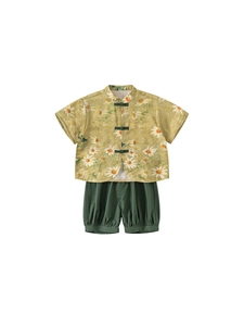 Ensemble traditionnel chinois pour garçons avec haut à imprimé floral et short vert foncé