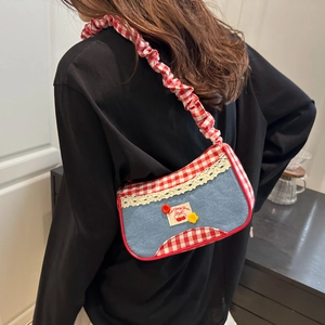 Japanese style red plaid denim handbag with white lace trim and cherry embroidery
