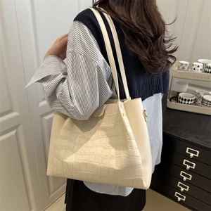 Creamy white crocodile embossed tote bag for women with elegant long shoulder straps