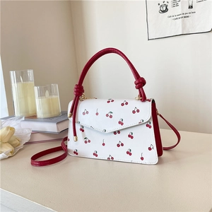 Fashion Sweet Cherry Print Small Square Bag For Women PU Leather Handbag With Knot Handle Versatile Shoulder Crossbody Bag