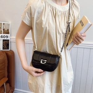 Quilted black leather crossbody bag with silver C-clasp and metal chain strap