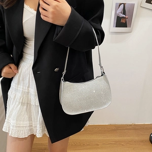 Sparkly silver rhinestone baguette bag for women, chic woven texture underarm chain purse