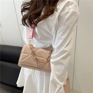 Pink embossed plaid crossbody bag for women with decorative wide strap and resin chain