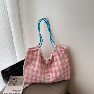 Sac Cabas Décontracté en Toile à Carreaux pour Femmes Grande Capacité Sac à Épaule Damier Avec Poignée en Corde Tressée
