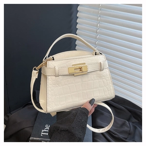 Detailed macro shot of the cream crocodile embossed leather and golden clasp on handbag