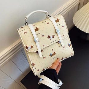 Cute Dachshund Print Women's PU Leather Backpack Niche Small Travel Bag Cream Beige Crossbody Handbag For Daily Outing