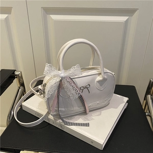 Sweet Lace Bow Boston Bag For Women PU Leather Crossbody Handbag With Ribbon Decor Lolita Style Solid Color Shoulder Bag