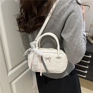White lace Boston bag with bow pendant, vintage sweet style handbag for women
