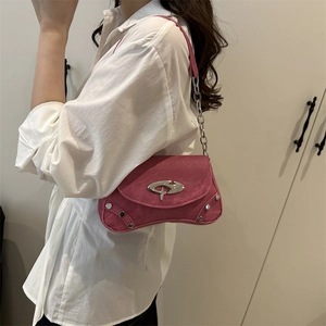 Chic rose red faux suede baguette bag with Y2K silver logo and rivet chain strap