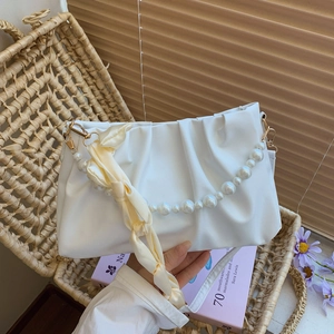 Women Pleated Cloud Bag Underarm Shoulder Bag With Artificial Pearl Chain And Satin Scarf Elegant PU Leather Handbag For Daily Party