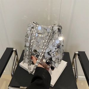 Women Fashion Sequin Bucket Bag Large Round Sequin Chain Shoulder Crossbody Bag Glitter Evening Party Handbag For Ladies