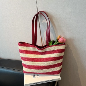 Women Large Capacity Striped Woven Tote Bag Lightweight Straw Shoulder Bag Beach Vacation Daily Use Minimalist Handbag