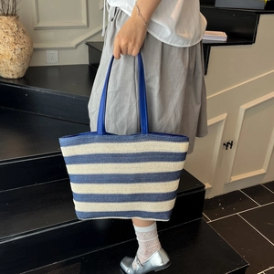 Minimalist blue and white striped hand-woven tote bag with large capacity shoulder straps