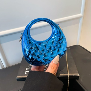 Blue glossy acrylic handbag with metal chain strap, trendy quilted shoulder crossbody bag.