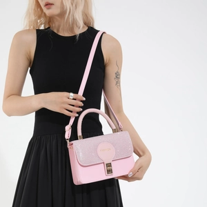 Minimalist pink square handbag with silver glitter flap and gold FASHION logo for summer