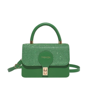French style green tweed crossbody bag with sequins, gold lock, and top handle detail