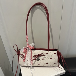 Sac Sous le Bras à Nœud Doux pour Femmes Sac à Épaule en Toile PU Rétro Français Avec Ruban en Dentelle Et Pendentif Coeur Blanc Bleu