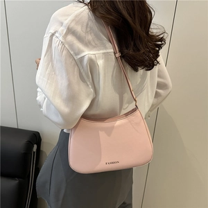 Pink crescent underarm bag in smooth PU leather with adjustable strap and fashion print