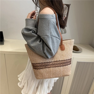 Large capacity woven tote bag with brown lace detail and leather straps for women