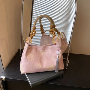 Borsa Tote Vintage con Stampa Floreale da Donna con Manico in Perle di Legno e Nappa Nuovo Stile Cinese Borsa a Spalla
