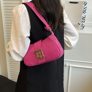 Modern fuchsia faux leather baguette shoulder bag with golden M buckle for women