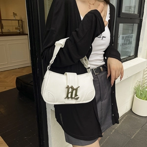Minimalist white PU leather baguette shoulder bag with vintage metal logo for women