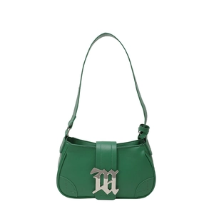 Minimalist green PU leather baguette shoulder bag with silver metal gothic M buckle