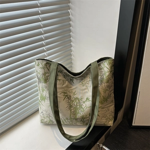 Sac Cabas Femme Style Chinois Impression Bambou à l'Encre Grande Capacité Sac à Épaule en Toile Imprimée pour Shopping