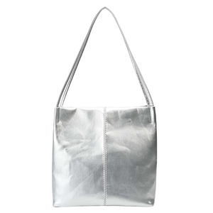 Metallic silver tote bag with minimalist stitching and long shoulder straps for women