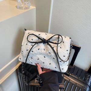 Women Sweet Bowknot Crossbody Bag Quilted Textured Small Square Handbag With Chain Strap Spicy Girl Fashion Shoulder Bag